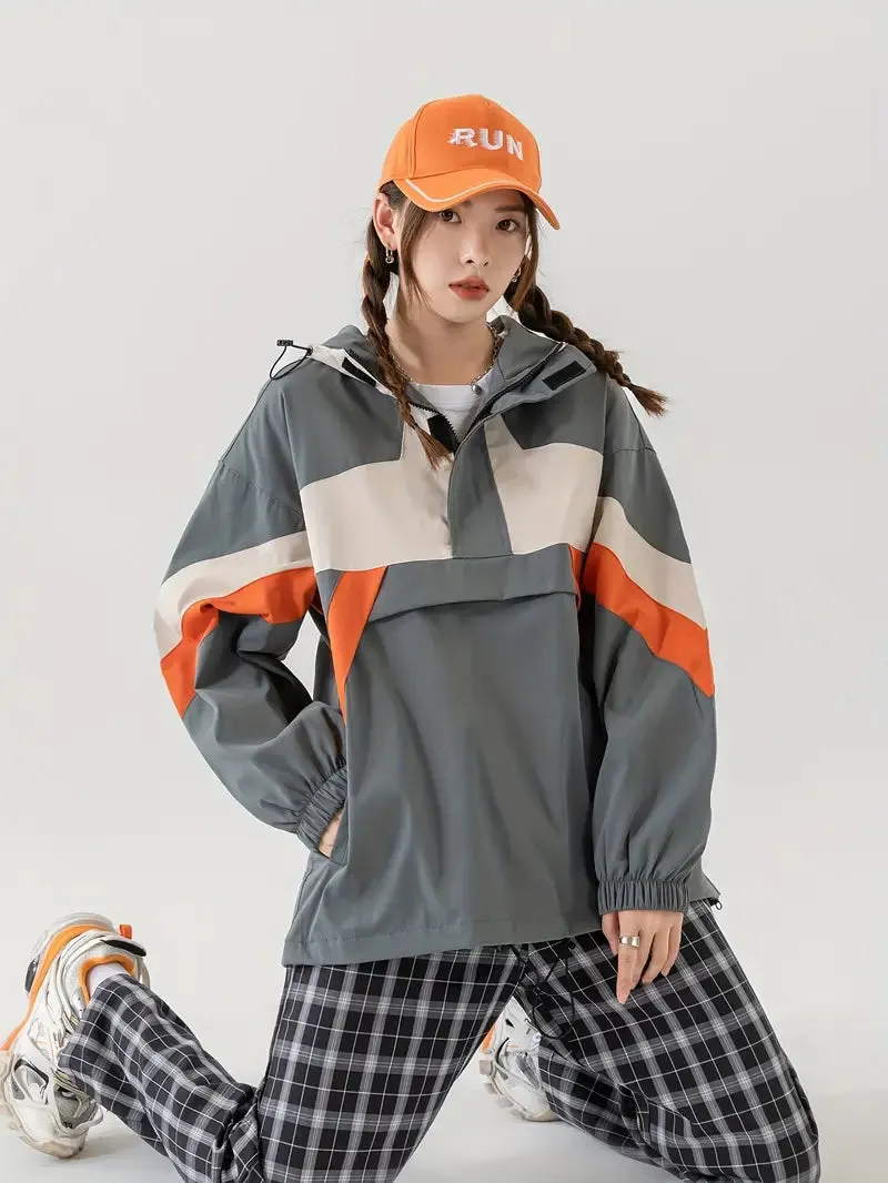 Color Blocked Hooded Drawstring Jacket, lssige Jacke mit Reiverschlusstasche