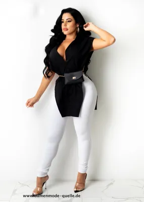 Damen Shirt Ärmellos mit Schärpe Streetwear in Schwarz