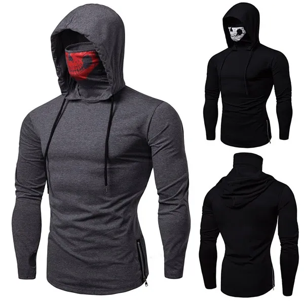 Fashion Skull Printed Spliced Mask Long Sleeve Men's Hoodie