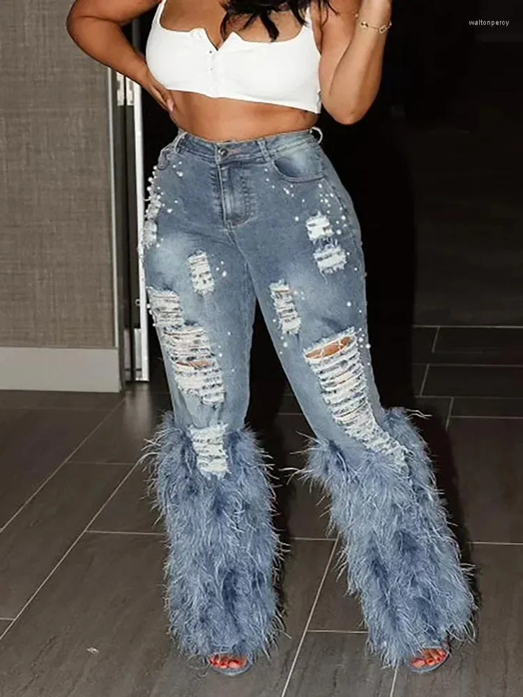 Frauen Jeans Mode Quasten Löcher Vitnage Feder hohe Taille Y2K Streetwear Casual Jeans Pant Frühling Skinny Hohlouthose