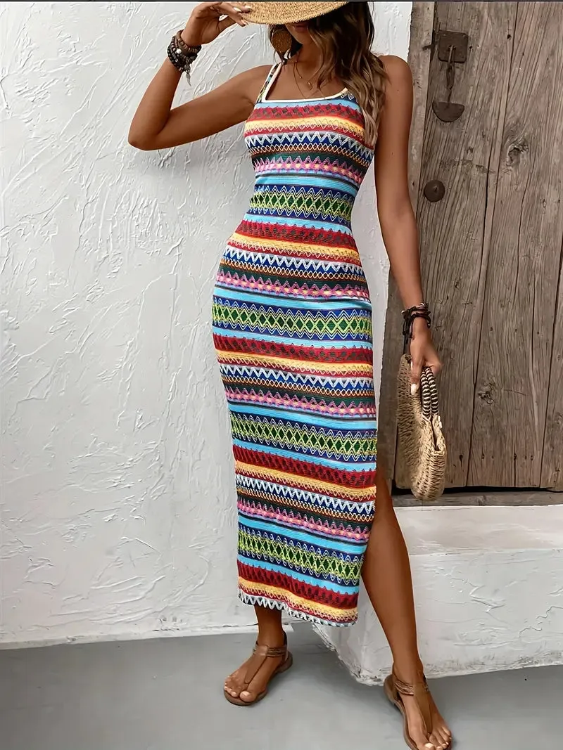Gestreiftes, rmelloses, geteiltes Kleid