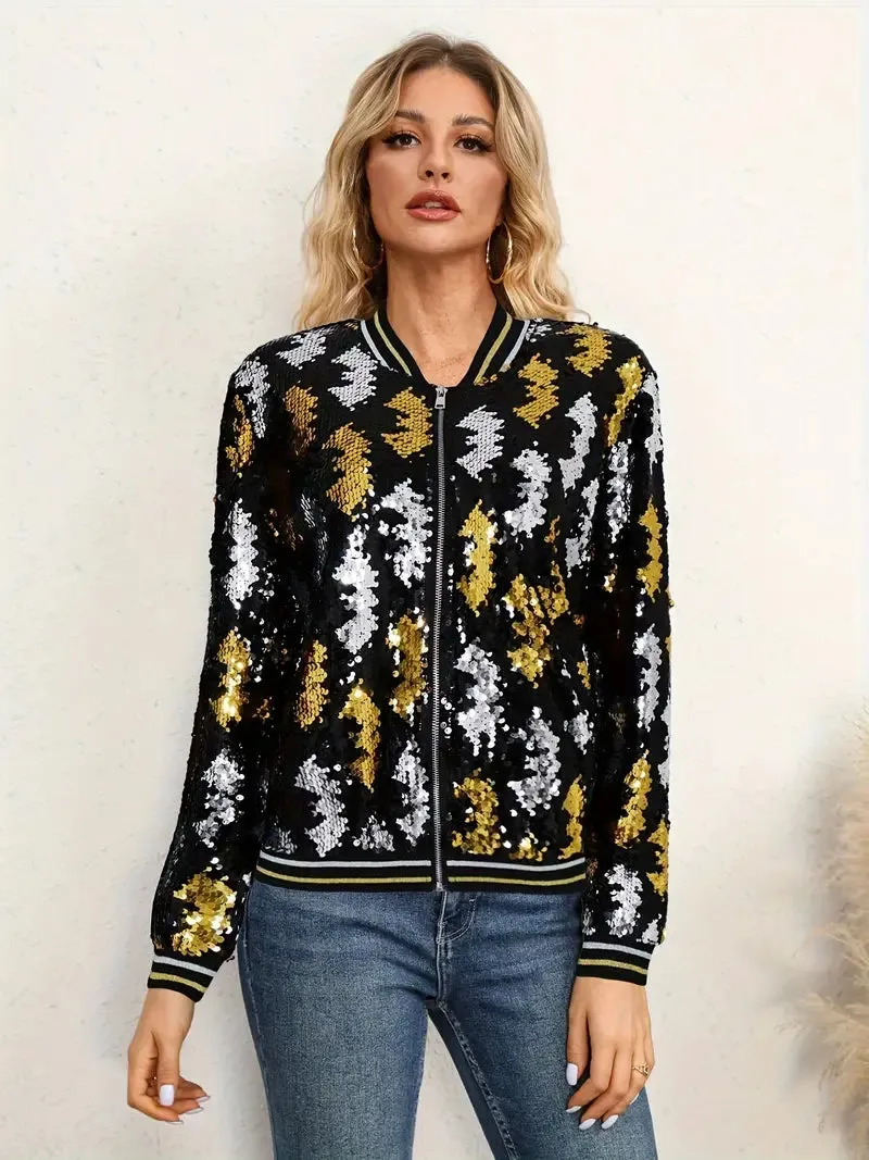 Grafik Druck Kontrast Trim Jacke, Casual Pailletten Langarm Jacke