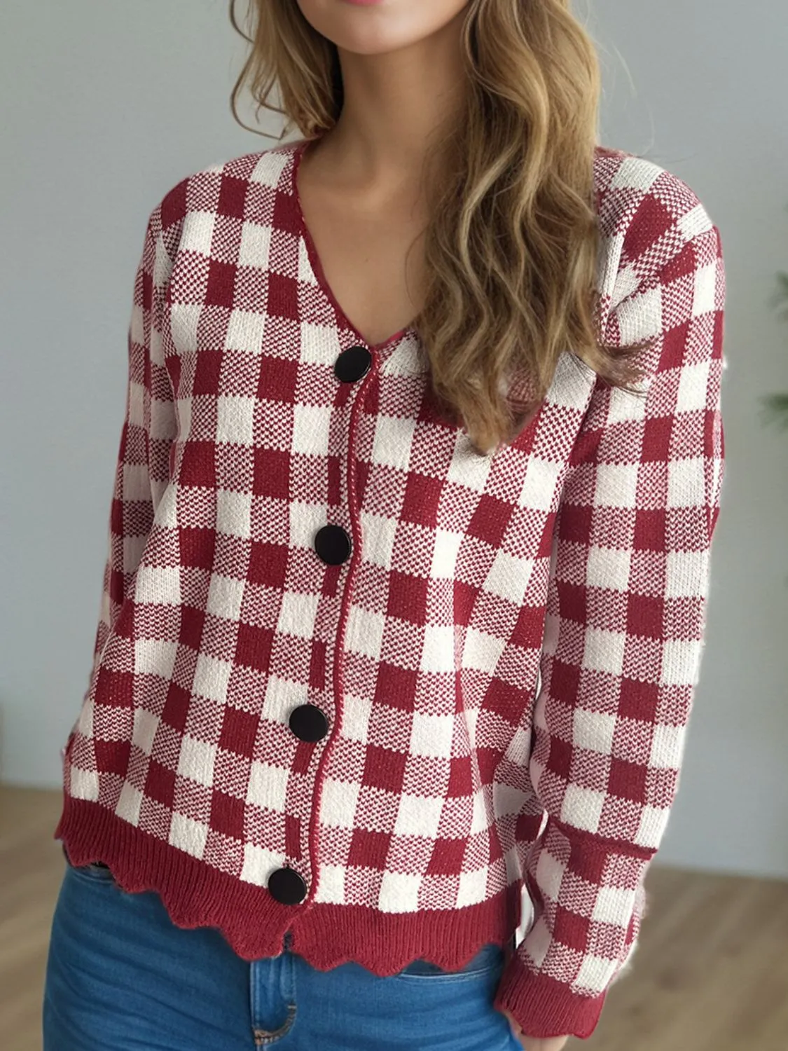 Heidi-Mode | Damen V-Ausschnitt Karierter Cardigan mit Knöpfen