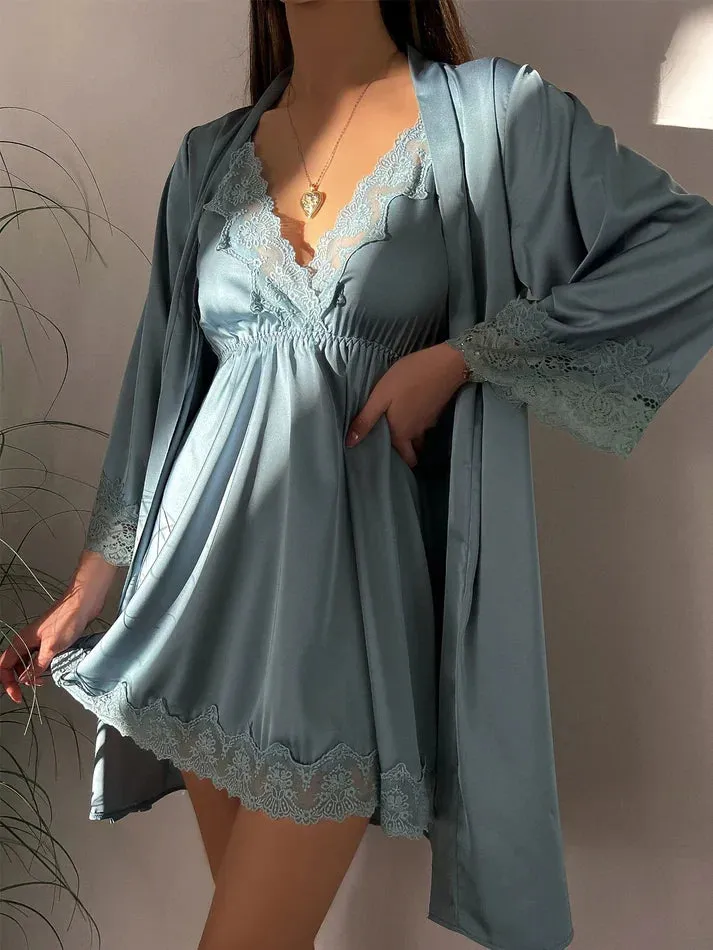 Heidi-Mode | Kontrast Spitze Satin Pyjama Set für Frauen - Ideal für jede Saison