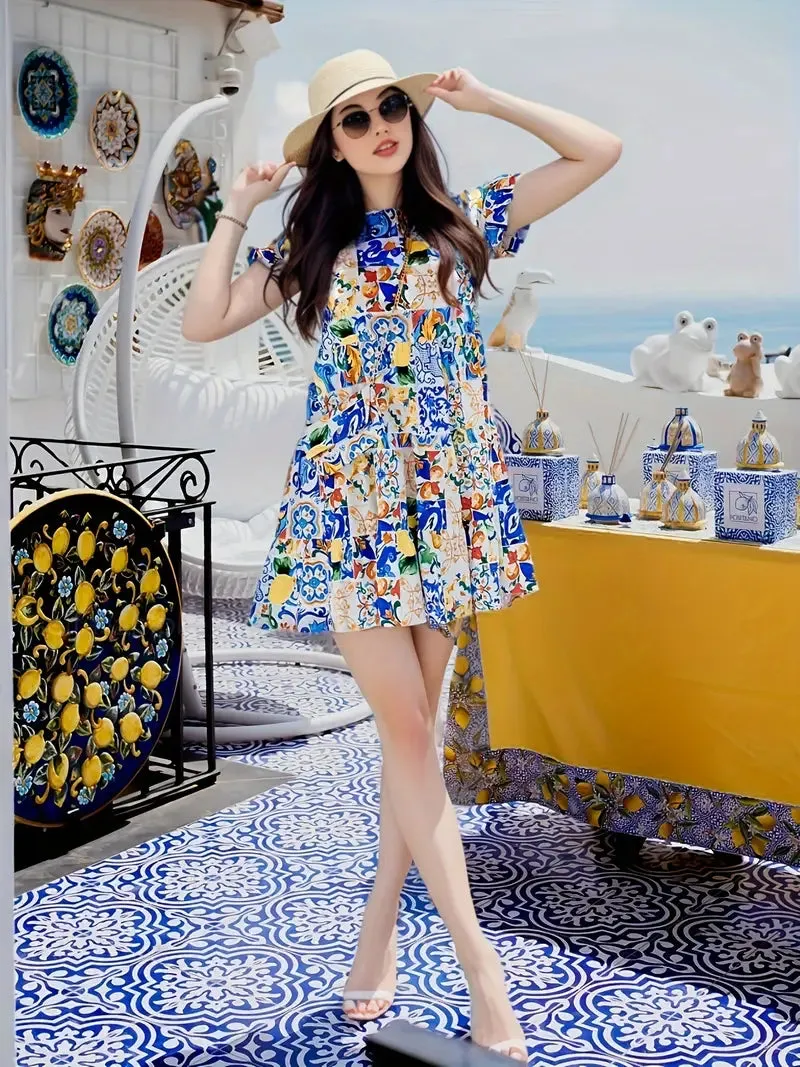 Kurzrmeliges Kleid mit Blumendruck