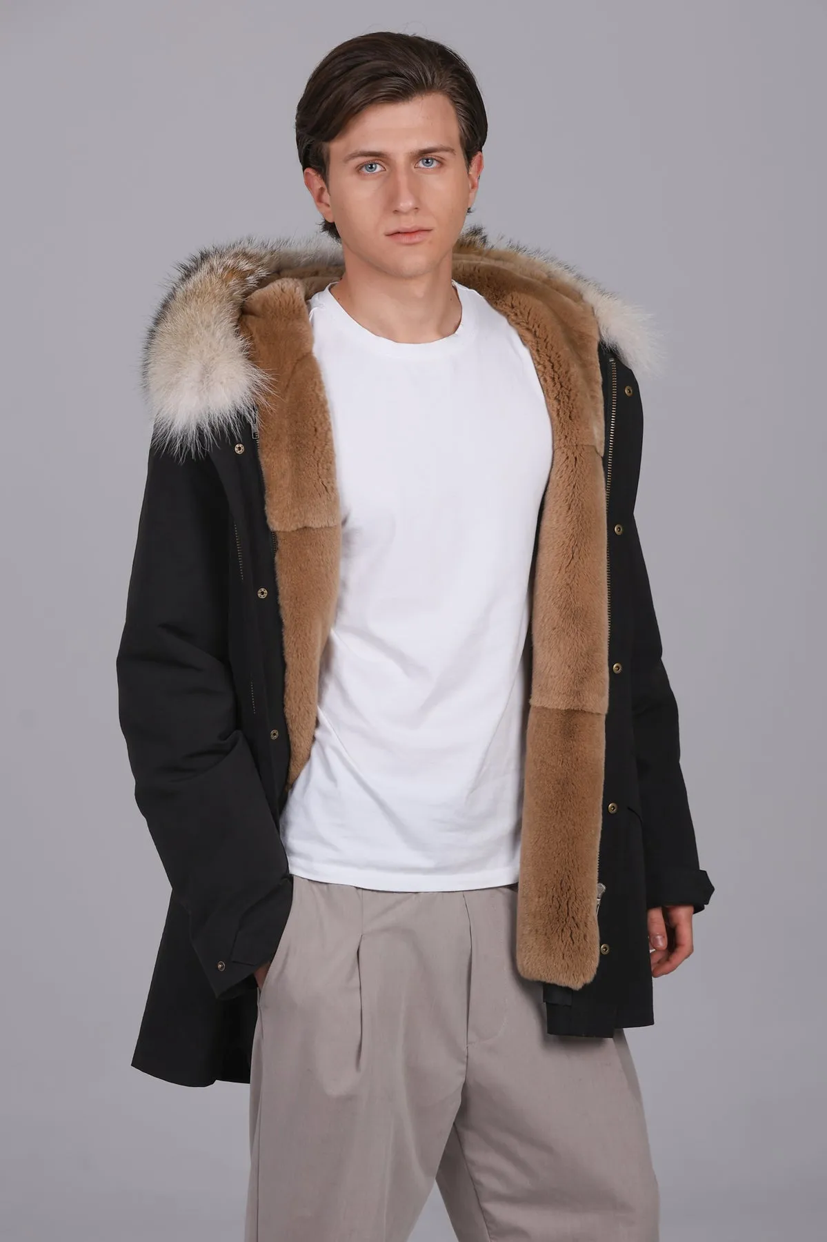 Langer Parka von Coyote und Rex Rabbit aus wasserdichter Baumwollmischung