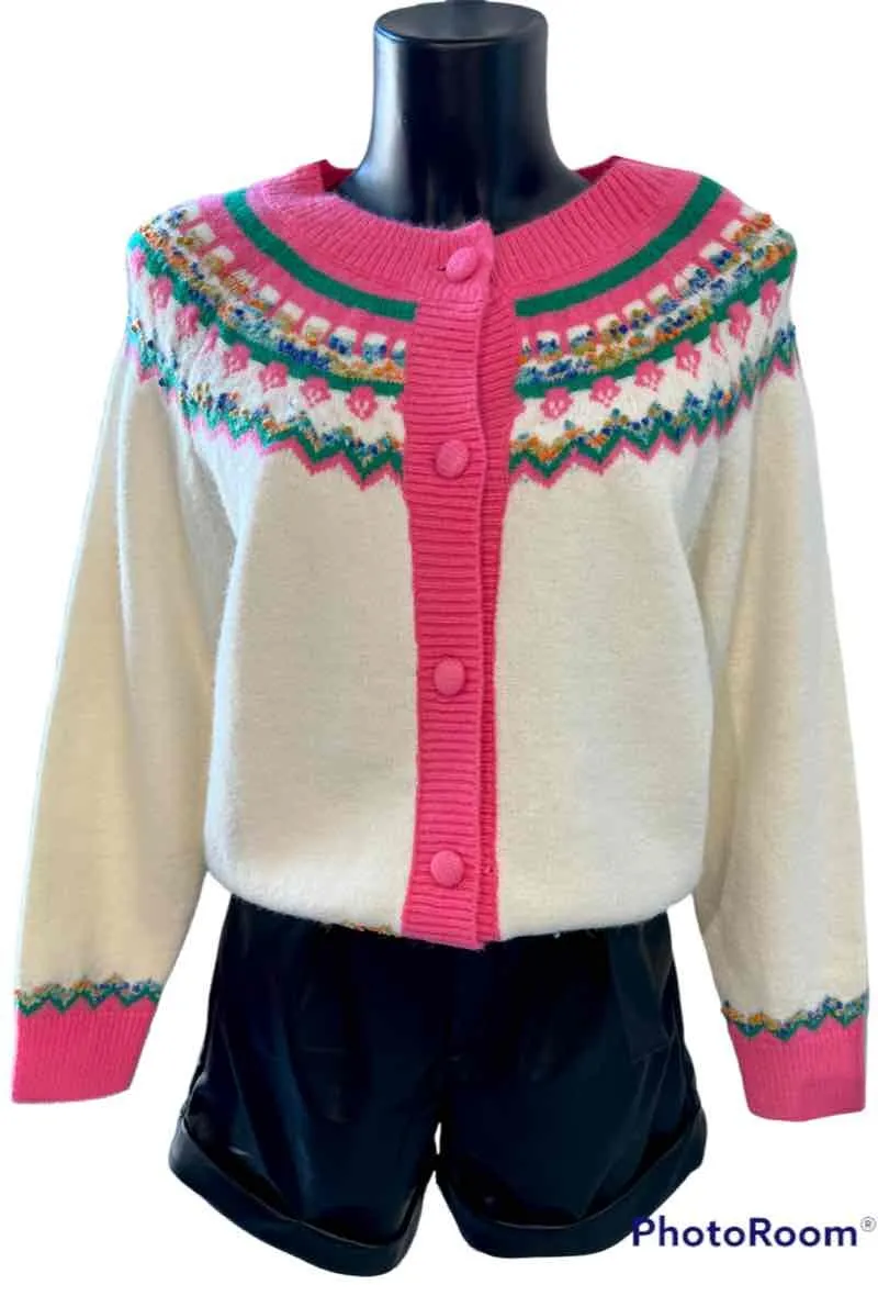 Short Norwegian pattern jacquard cardigan. round neck