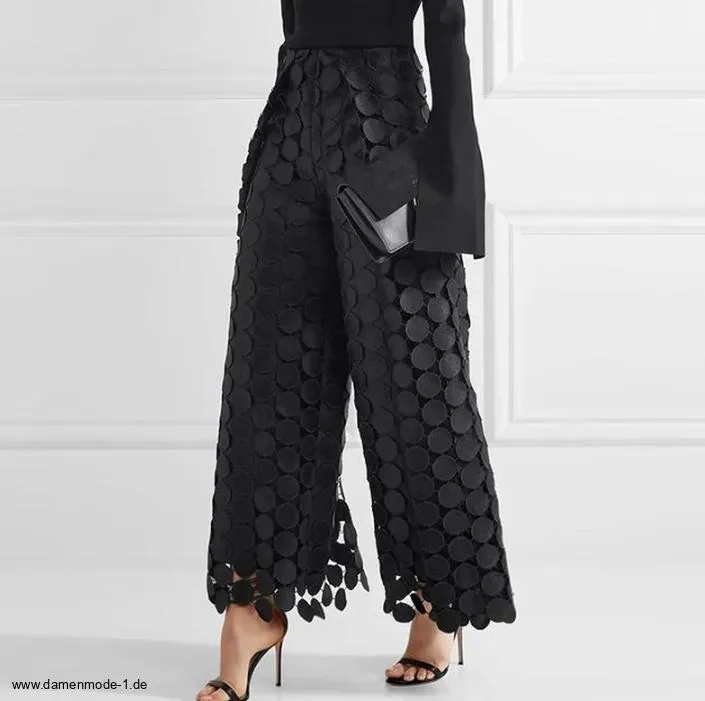 Streetwear Elegante Damenhose aus Spitze Lang in Schwarz