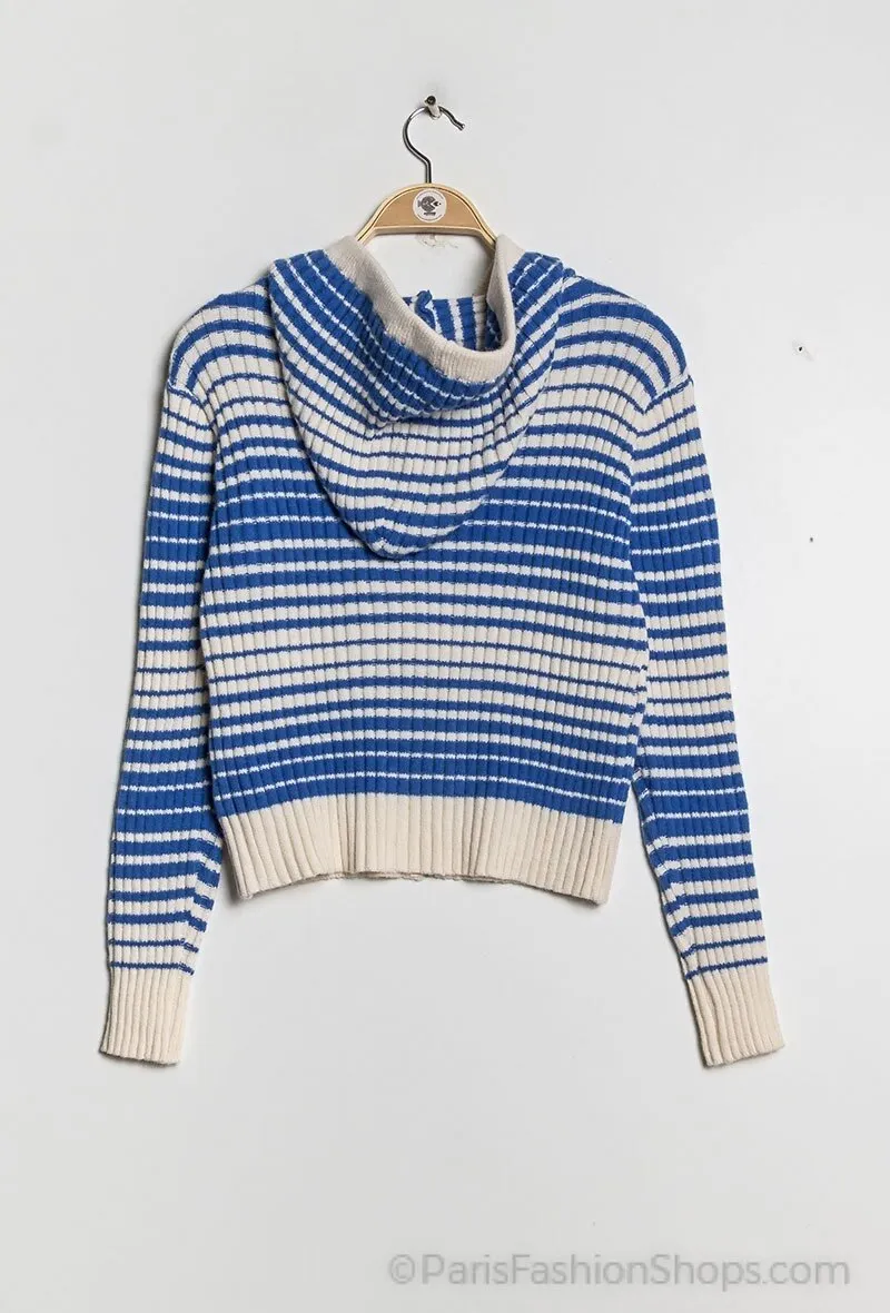 Striped ribbed knit hooded cardigan