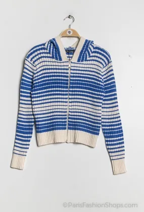 Striped ribbed knit hooded cardigan