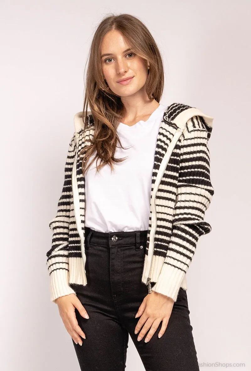 Striped ribbed knit hooded cardigan