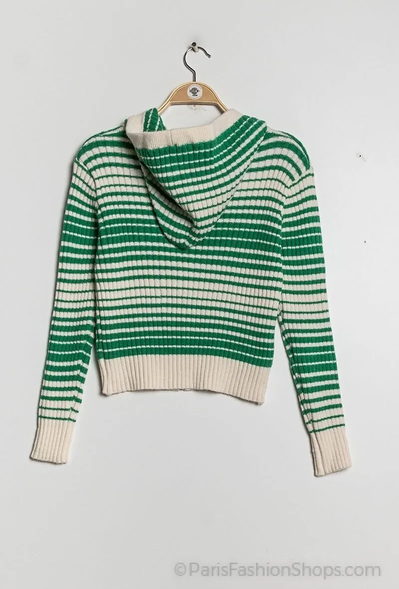 Striped ribbed knit hooded cardigan