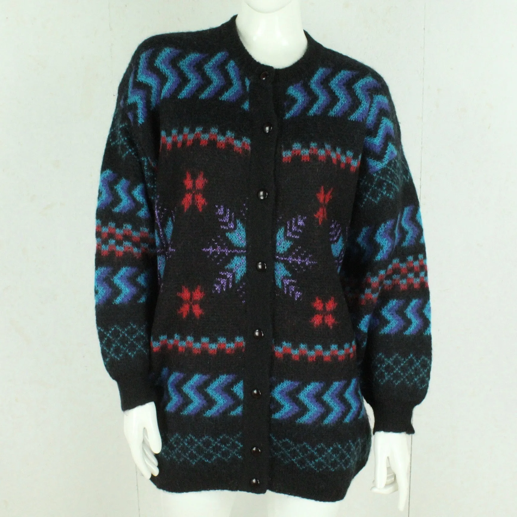 Vintage Cardigan mit Wolle Gr. M mehrfarbig gemustert Strickjacke mit Glitzerdetails